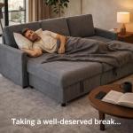 JAMFLY Pull Out Sleeper Sofa Bed with Storage Chaise, L-Shaped Corduroy Sectional Couch, 3-Seater Convertible Sofa with Hidden Storage for Small Living Room, Apartment, Office, Grey