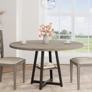 Garvee 47.2 in Round Dining Table for 4-6 People, Industrial Round Kitchen Table with Sturdy Metal Pedestal Base & Storage Shelf, Circle 4 Dinner Table for Dinner, Kitchen, Dining Room