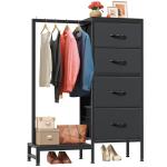 HIGDBFE Dresser with Hanging Rack, 4 Drawers Small Closet for Bedroom, Reversible Fabric Kids Chest of Drawers with Clothes Rack, Tall Storage Tower, Sturdy Frame, Black, 44''H