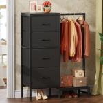 HIGDBFE Dresser with Hanging Rack, 4 Drawers Small Closet for Bedroom, Reversible Fabric Kids Chest of Drawers with Clothes Rack, Tall Storage Tower, Sturdy Frame, Black, 44''H