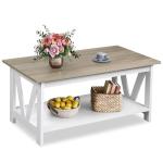 WLIVE Coffee Table with Storage Shelf, 39.4" Farmhouse Coffee Table with V-Frame Support, 2-Tier Wood Rustic Center Table for Living Room, Bedroom & Balcony, Greige & White