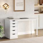 LITTLE TREE Computer Desk with 5 Drawers, 47 Inch White Modern Simple Study Writing Desk with Metal Frame, Work Desk for Home Office