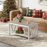 WLIVE Coffee Table with Storage Shelf, 39.4" Farmhouse Coffee Table with V-Frame Support, 2-Tier Wood Rustic Center Table for Living Room, Bedroom & Balcony, Greige & White