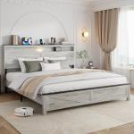 PAUKIN King Size Bed Frame with Headboard, Rustic Farmhouse Wood Bed Frame with LED Lights and Charging Station, Easy Assembly, No Box Spring Needed (White, King)