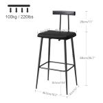 YAUKTAK Bar Stools Set of 2, Tall Bar Stools with Backrest and Footrest, Counter Height Bar Chairs, Industrial Barstools with PU Leather Cushion, for Kitchen, Dining Room, Bar, Cafe (Black) KBS515B