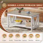 WLIVE Coffee Table with Storage Shelf, 39.4" Farmhouse Coffee Table with V-Frame Support, 2-Tier Wood Rustic Center Table for Living Room, Bedroom & Balcony, Greige & White