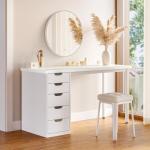 LITTLE TREE Computer Desk with 5 Drawers, 47 Inch White Modern Simple Study Writing Desk with Metal Frame, Work Desk for Home Office