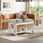 WLIVE Coffee Table with Storage Shelf, 39.4" Farmhouse Coffee Table with V-Frame Support, 2-Tier Wood Rustic Center Table for Living Room, Bedroom & Balcony, Greige & White