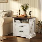 AODK 24 Inch Farmhouse Nightstand with Charging Station, Wood Bedside Table with 2 Drawers and Open Shelf, Rustic End Table with Outlet and USB, White & Dark Walnut