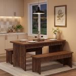 LITTLE TREE 55" Dining Table with 2 Benches, Dining Table Set for 4-6 People, Farmhouse Kitchen Table with Bench, Dining Room Table Set
