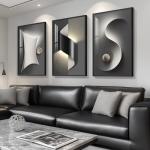 Framed Modern Black and White Abstract Wall Art for Living Room, Large 3 Piece Bright Style Silvery Artwork for Walls, Luxury Painting Prints for Dining Room Hallway Office Wall Decor, 24x36 In