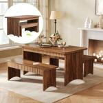 LITTLE TREE 55" Dining Table with 2 Benches, Dining Table Set for 4-6 People, Farmhouse Kitchen Table with Bench, Dining Room Table Set