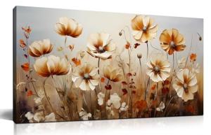 DNIEOTU Flower Wall Art for Living Room, Floral Canvas Wall-Decor for Bedroom, Beige and Brown Picture Prints for Hallway Office, Size 40 x 20 Inches