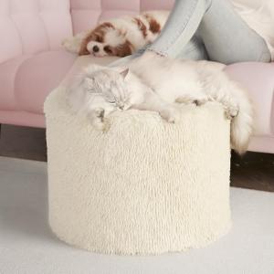 Hansleep Round Stuffed Pouf Ottoman 17 x 14, Foam Filled Faux Fur Ottoman Foot Rest for Chair with Washable Cover, Foot Stools Under Desk for Living Room & Bedroom, Beige