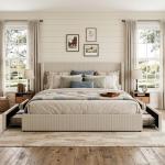 IDEALHOUSE King Size Bed Frame with Storage Drawers, Corduroy Upholstered Platform Bedframe with Wingback, Headboard and Footboard, No Box Spring Needed, Beige