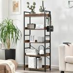 HCHQHS Adjustable 5 Tier Open Bookcase, Rustic Farmhouse Book Shelves, Industrial Wood and Black Metal Bookshelves, Mid Century Bookcase for Home Office Living Room Bedroom