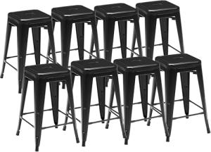 DUMOS Metal Bar Stools Set of 8, 24 Inch Counter Height Stackable Bar Chairs, Classic Trattoria Style Kitchen Island Stools, Indoor Outdoor Restaurant Seating for Dining Room, Black