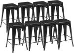 DUMOS Metal Bar Stools Set of 8, 24 Inch Counter Height Stackable Bar Chairs, Classic Trattoria Style Kitchen Island Stools, Indoor Outdoor Restaurant Seating for Dining Room, Black