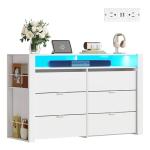 WLIVE 6 Drawer Led Dresser for Bedroom, 51" White Wood Dresser Storage Organizer with Charging Station for 55" TV, Dressers with Open Shelves, Hanging Rack, Chest of Drawers for Closet, Living Room