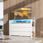 WLIVE 6 Drawer Led Dresser for Bedroom, 51" White Wood Dresser Storage Organizer with Charging Station for 55" TV, Dressers with Open Shelves, Hanging Rack, Chest of Drawers for Closet, Living Room