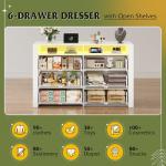 WLIVE 6 Drawer Led Dresser for Bedroom, 51" White Wood Dresser Storage Organizer with Charging Station for 55" TV, Dressers with Open Shelves, Hanging Rack, Chest of Drawers for Closet, Living Room