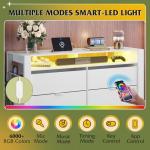 WLIVE 6 Drawer Led Dresser for Bedroom, 51" White Wood Dresser Storage Organizer with Charging Station for 55" TV, Dressers with Open Shelves, Hanging Rack, Chest of Drawers for Closet, Living Room