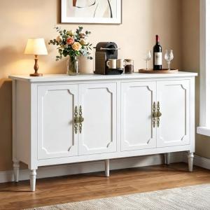 RoyalCraft 59" Buffet Cabinet with Storage, Vintage Sideboard with Adjustable Shelves & Carved Handle, Mid Century Modern Painted Credenza Coffee Bar for Kitchen, Dining Room, Satin White