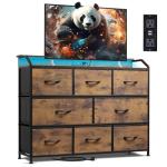 WLIVE Led Dresser for Bedroom, TV Stand for Bedroom with LED Lights and Power Outlet, Wide Chest of Drawers for Hallway, 8 Fabric Drawers for Living Room and Entryway, Rustic Brown