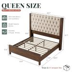 Jocisland Solid Wood Queen Size Bed Frame, 57" Tall Farmhouse Platform Beds, Upholstered Line Wingback Headboard, Deep Button Tufted, No Box Spring Needed, Easy Assembly, Dark Walnut