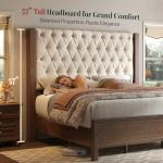 Jocisland Solid Wood Queen Size Bed Frame, 57" Tall Farmhouse Platform Beds, Upholstered Line Wingback Headboard, Deep Button Tufted, No Box Spring Needed, Easy Assembly, Dark Walnut