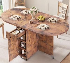 Jocoevol Round Folding Dining Table for 6, Space Saving Drop Leaf Kitchen Table with Storage Drawer, 6 Wheels Oval Gateleg Foldable Dining Table for Small Spaces (Vintage, 51" x 31.5" x 30")