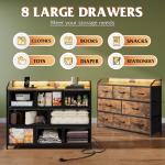 WLIVE Led Dresser for Bedroom, TV Stand for Bedroom with LED Lights and Power Outlet, Wide Chest of Drawers for Hallway, 8 Fabric Drawers for Living Room and Entryway, Rustic Brown