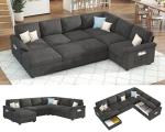 VanAcc 105" Sofa Bed, Sectional Sleeper Sofa with Pull Out Bed/Reclining Backrest, Sleeper Couch Bed with Storage, 6 Seater Couch Bed for Living Room, Chenille Dark Gray