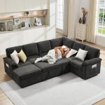 VanAcc 105" Sofa Bed, Sectional Sleeper Sofa with Pull Out Bed/Reclining Backrest, Sleeper Couch Bed with Storage, 6 Seater Couch Bed for Living Room, Chenille Dark Gray