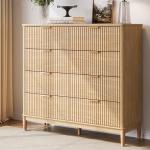 LINSY HOME Fluted Dresser for Bedroom with 8 Drawers, 47" Wide Mid Century Modern Dressers, Tall Boho Chest of Drawers, Large Wood Accent Storage Cabinet for Living Room, Curved Profile Design, Oak