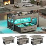 Itaar 40" Lift Top Coffee Table, 4 in 1 Coffee Tables with Storage Cabinet for Living Room, Small Farmhouse Coffee Table with 2 Fabric Drawers & LED Light for Dining Room, Grey