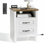 Amada Farmhouse Nightstand with Charging Station, Set of 1, Bedside Table with 2 Drawers, USB A Port, USB C Port& 2 AC Outlets, Rustic Farmhouse End Table for Bedroom, Brown & White