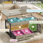 Itaar 40" Lift Top Coffee Table, 4 in 1 Coffee Tables with Storage Cabinet for Living Room, Small Farmhouse Coffee Table with 2 Fabric Drawers & LED Light for Dining Room, Grey
