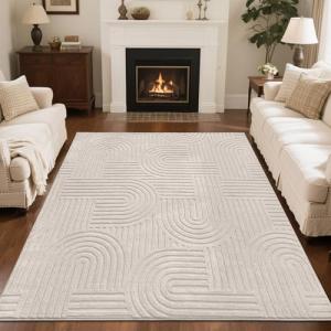 SHACOS Soft Cozy Fluffy Arch Pattern High-Low Pile Textured Area Rug 5'3"x7'3" Non Slip Washable Modern Geometric Rug Stain Resistant Contemporary Carpet for Living Room Bedroom Dining Room, Beige