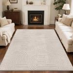 SHACOS Soft Cozy Fluffy Arch Pattern High-Low Pile Textured Area Rug 5'3"x7'3" Non Slip Washable Modern Geometric Rug Stain Resistant Contemporary Carpet for Living Room Bedroom Dining Room, Beige