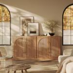 BELLEZE Set of 2 Modular Sideboard with Double-Arc Wood Doors, 65'' Arched Buffet Cabinet with Storage and Adjustable Shelves, Classic Modern Credenza for Dining Room Living Room Entryway(Camel)