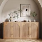 BELLEZE Set of 2 Modular Sideboard with Double-Arc Wood Doors, 65'' Arched Buffet Cabinet with Storage and Adjustable Shelves, Classic Modern Credenza for Dining Room Living Room Entryway(Camel)