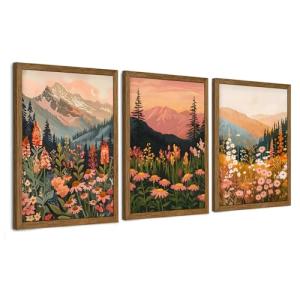 InspiredHues Colorful Landscape Boho Canvas Wall Art Set, 3 Piece Wildflower Mountain Wall Decor, Vintage Floral Rustic Nature Artwork Prints for Living Room Bedroom Office 12x16 Inch Wood Framed