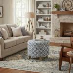 Homepop Home Decor | Upholstered Round Storage Ottoman | Ottoman with Storage for Living Room & Bedroom with Flared Legs, Navy Blue Geometric Pattern Large