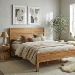 ComfIQ Solid Wood Platform Bed with Wooden Slats – Durable Frame, No Box Spring Required, Ample Underbed Storage, Pine, King, Bed and Clean-Line Headboard