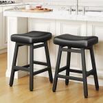 Raynesys Counter Height Bar Stools Set of 2, 24 Inch Barstools for Kitchen Counter, Kitchen Stools with Bonded Leather Saddle Seats & Heavy Duty Metal Legs, Easy Assembly, All Black