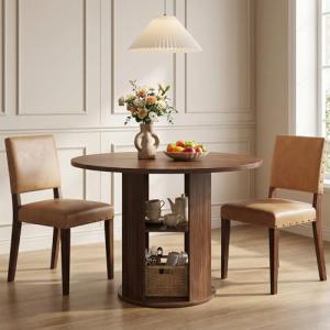 MAHANCRIS 43.3" Round Dining Table with Storage Shelf for 4, Circle Kitchen Dinner Table with Thick Tabletop, Circle Nook Table for Kitchen & Dining Room, Walnut DTWA11001