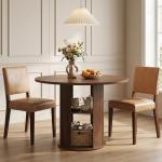 MAHANCRIS 43.3" Round Dining Table with Storage Shelf for 4, Circle Kitchen Dinner Table with Thick Tabletop, Circle Nook Table for Kitchen & Dining Room, Walnut DTWA11001