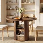 MAHANCRIS 43.3" Round Dining Table with Storage Shelf for 4, Circle Kitchen Dinner Table with Thick Tabletop, Circle Nook Table for Kitchen & Dining Room, Walnut DTWA11001