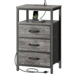 Huuger Nightstand with Charging Station, 27.6 Inch End Table Bedside Table with USB Ports and Outlets, Night Stand for Bedroom, Fabric Drawers, Grey